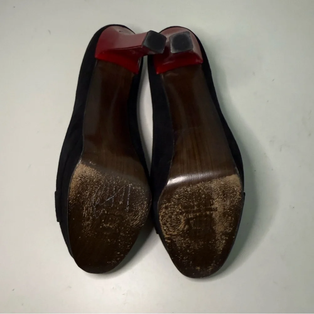 STUART WEITZMAN Puente Black Suede Red Leather Peep-Toe Platform Heels Size 9.5